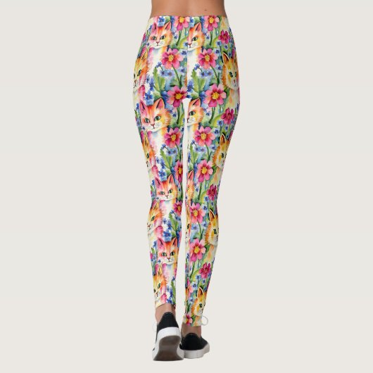 水お洒落色の花と猫カラフル レギンス (裏面)