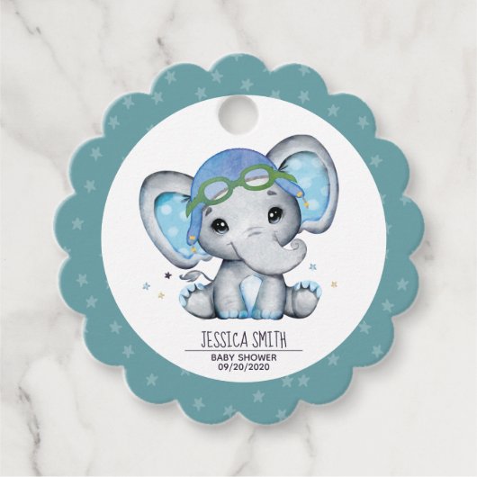 水お洒落色の象の飛行機の赤ちゃんシャワー フェイバータグ (正面)
