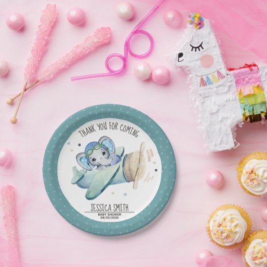 水お洒落色の象の飛行機の赤ちゃんシャワー ペーパープレート (パーティー)