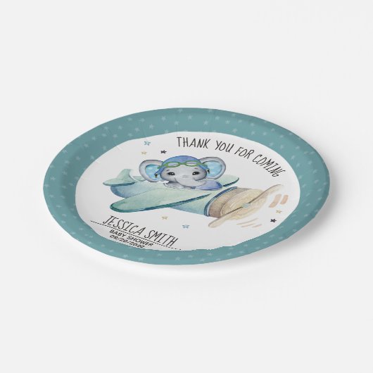 水お洒落色の象の飛行機の赤ちゃんシャワー ペーパープレート (アングル)