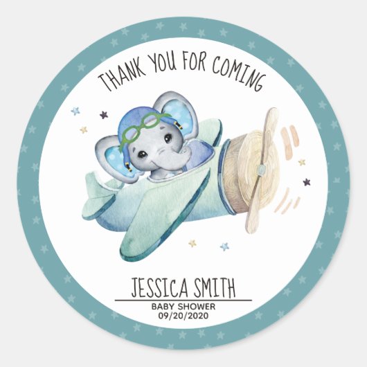 水お洒落色の象の飛行機の赤ちゃんシャワー ラウンドシール (正面)