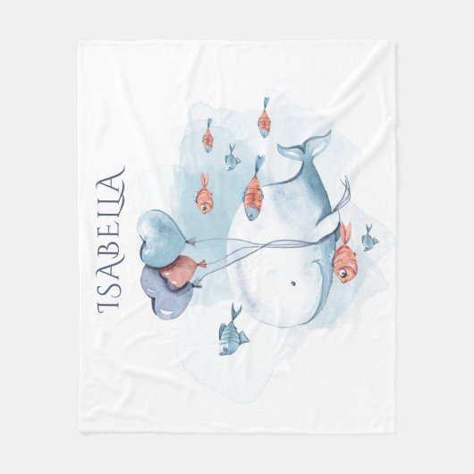 水お洒落色の鯨とパーソナライズされた魚 フリースブランケット (正面)