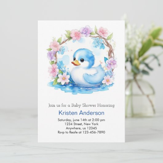 水お洒落色アヒル男の子の赤ちゃんシャワー 招待状 (スタンド正面)