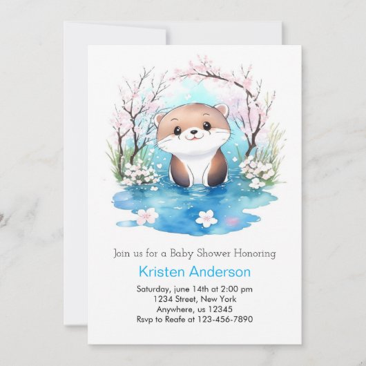 水お洒落色オッタブルーボーイベビーシャワー 招待状 (正面)