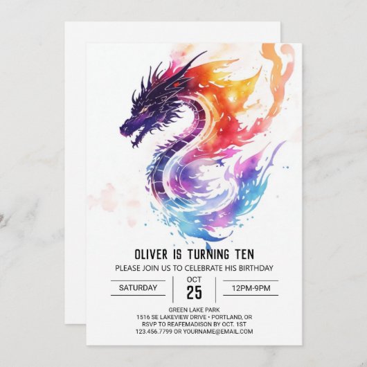 水お洒落色キッズドラゴン誕生日 招待状 (正面/裏面)