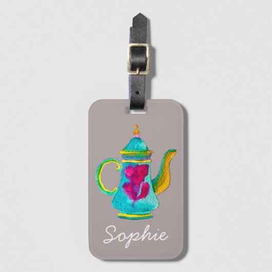 水お洒落色トルコのティーポット ラゲッジタグ (正面縦)