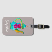 水お洒落色トルコのティーポット ラゲッジタグ (正面横)