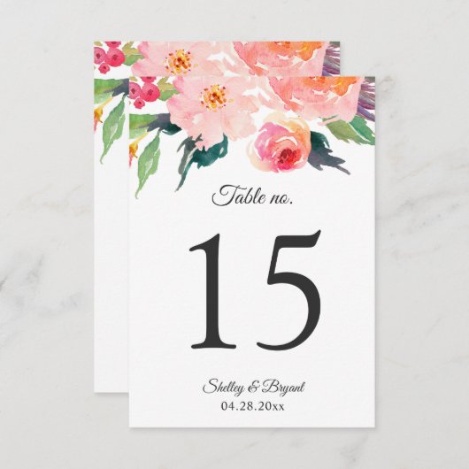 水お洒落色フローラ結婚のテーブル番号 出欠カード (正面/裏面)