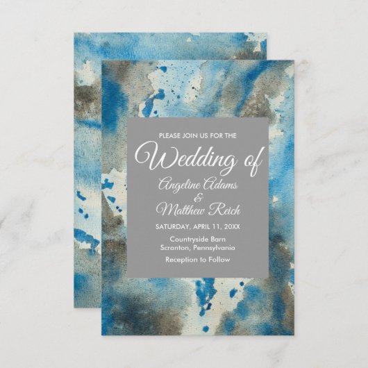 水お洒落色フローラ青モダン 招待状 (正面/裏面)