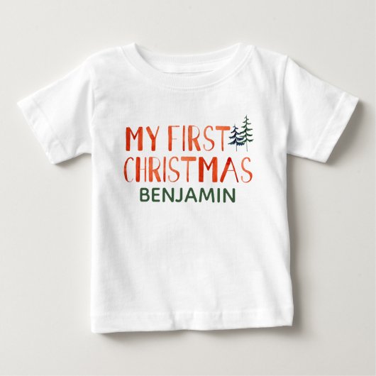 水お洒落色マイ初めてのクリスマス名ベビー ベビーTシャツ (正面)