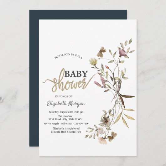 水お洒落色ワイルドフラワー赤ちゃんシャワー 招待状 (正面/裏面)