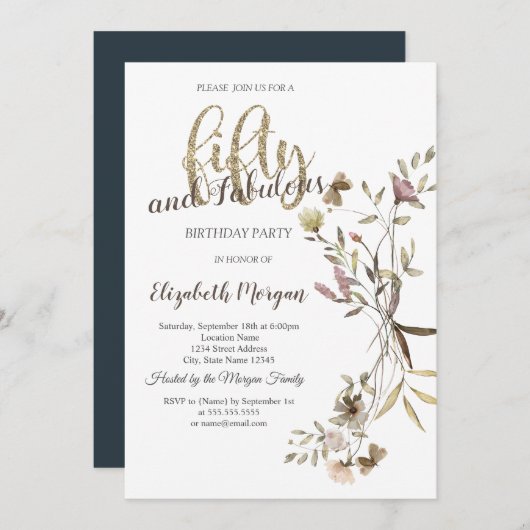 水お洒落色ワイルドフラワー50誕生日 招待状 (正面/裏面)