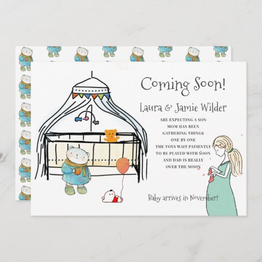 水お洒落色子供部屋と母の妊娠 案内状 (正面/裏面)