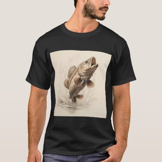 水から飛び出すバスフィッシュ Tシャツ (正面)