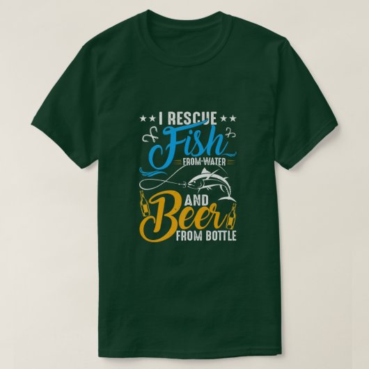 水から魚を救い、ビールを瓶から飲む Tシャツ (デザイン正面)