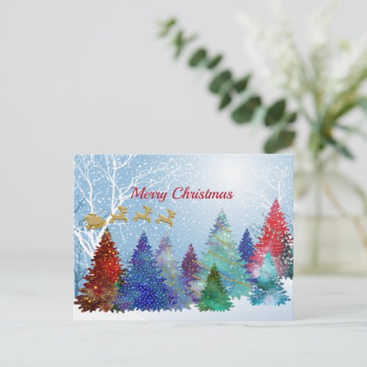 水かわいらしのカラフルカラーツリーサンタクリスマス シーズンポストカード (スタンド正面)