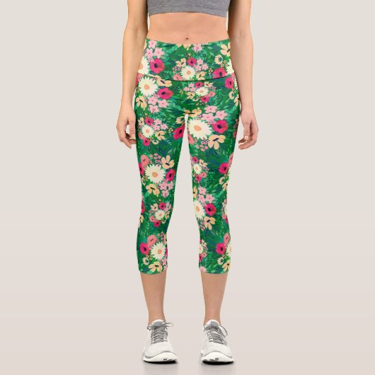 水かわいらしカラフル色フローラグリーンデザイン カプリレギンス (正面)