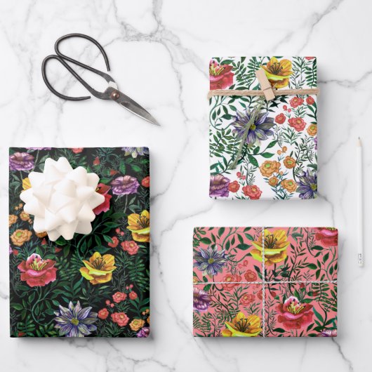 水かわいらしカラフル色春花模様 ラッピングペーパーシート (正面)