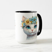 水かわいらし彩白猫顔花付き マグカップ (正面右)