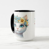 水かわいらし彩白猫顔花付き マグカップ (正面左)
