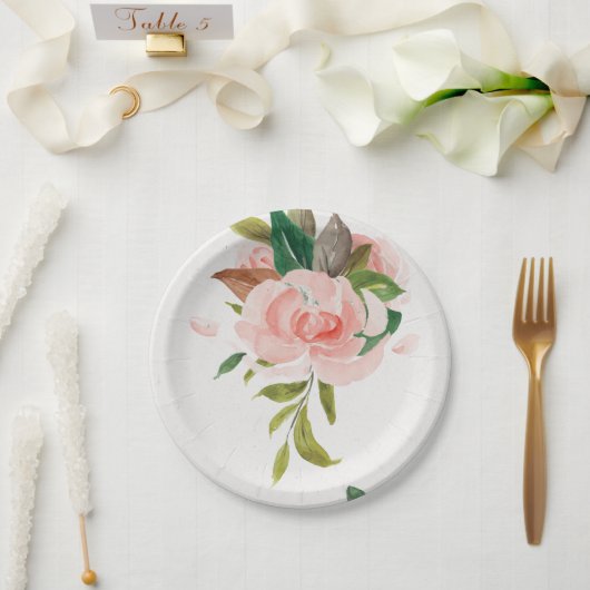 水かわいらし色のバラと結婚葉 ペーパープレート (ウェディング)
