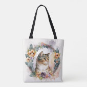 水かわいらし色のフローラリース付き三毛猫 トートバッグ (裏面)