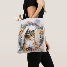 水かわいらし色のフローラリース付き三毛猫 トートバッグ