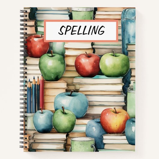 水かわいらし色の学校の本&リンゴ ノートブック (正面)