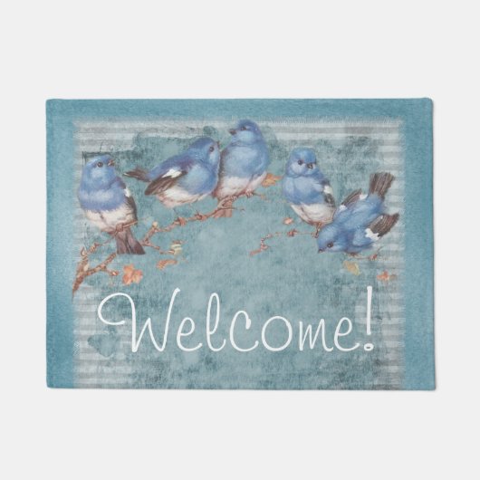 水かわいらし色の小さな青の鳥を歓迎 ドアマット (正面)