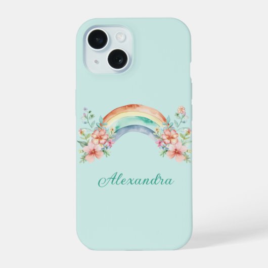 水かわいらし色の花と虹 iPhone 15ケース (裏面)