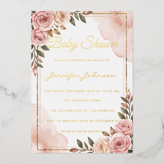 水かわいらし色の花ガーデン赤ちゃんシャワー 箔招待状 (正面)