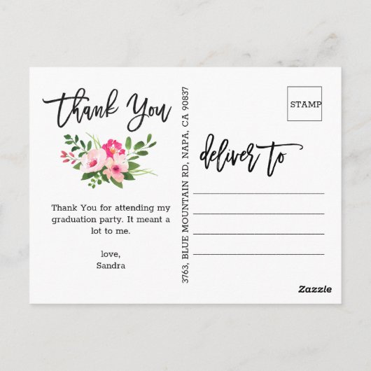 水かわいらし色の花スクリプト写真ありがとう ポストカード (裏面)