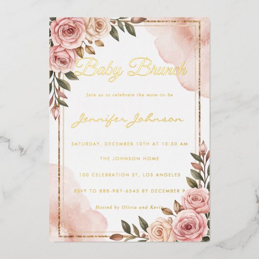 水かわいらし色の花ベビーブランチ 箔招待状 (正面)