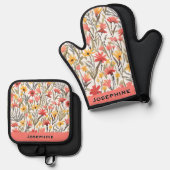 水かわいらし色の花レッドイエローフローラシック 鍋つかみ&鍋敷きセット (正面/裏面)