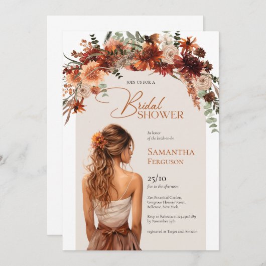 水かわいらし色の花嫁テラコッタ秋ブーケ 招待状 (正面/裏面)