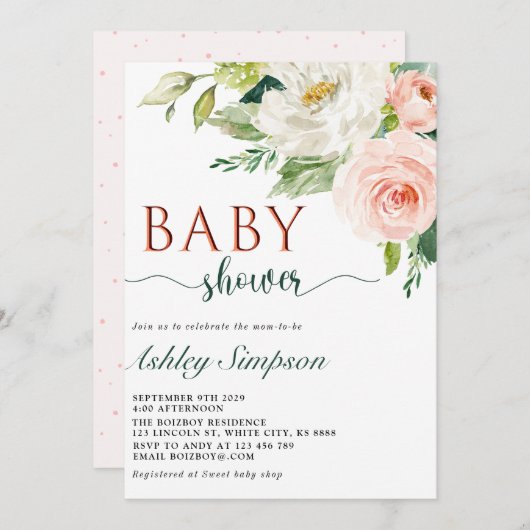 水かわいらし色の花赤ちゃんシャワー 招待状 (正面/裏面)