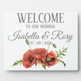 水かわいらし色の赤いポピー結婚ズへようこそ フォトプラーク