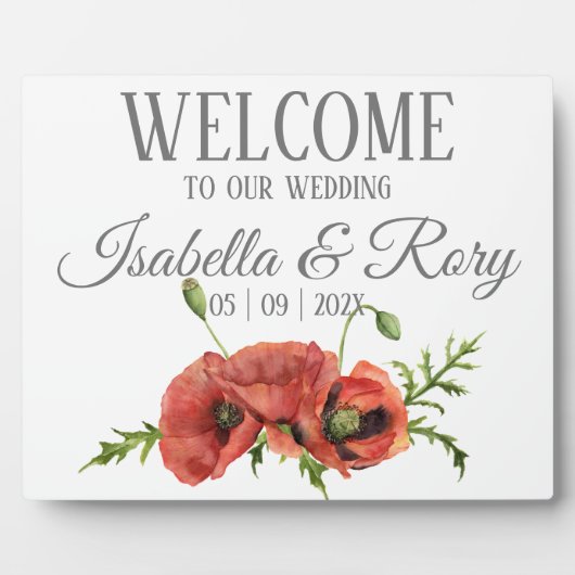 水かわいらし色の赤いポピー結婚ズへようこそ フォトプラーク (正面)