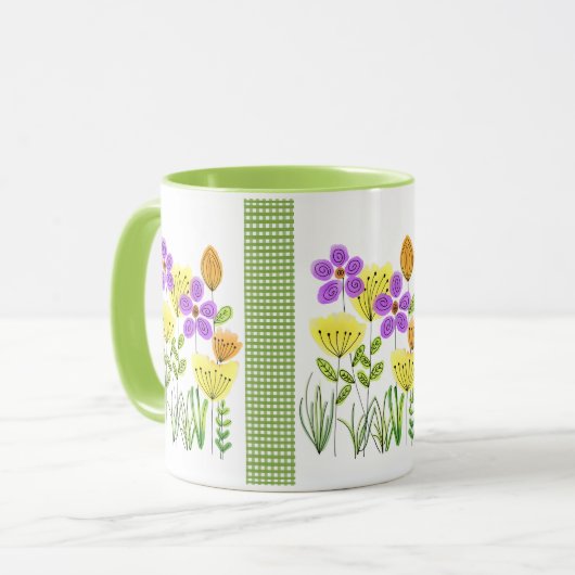 水かわいらし色の野生の花と緑のギンガム マグカップ (正面左)