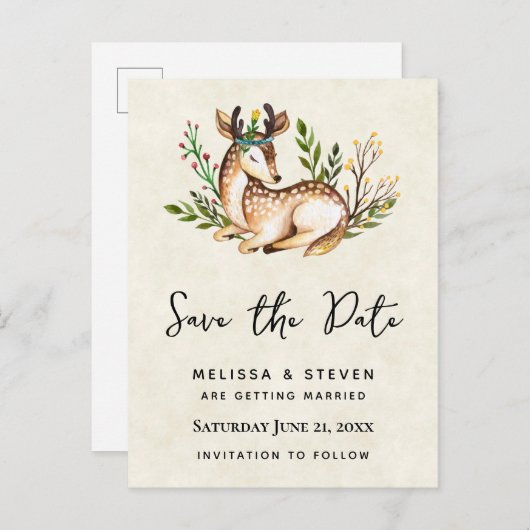 水かわいらし色の鹿のレイアウト日付を保存 インビテーションポストカード (正面/裏面)