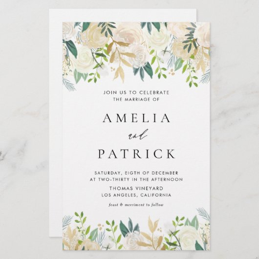 水かわいらし色アイボリー牡丹結婚式招待状 (正面/裏面)