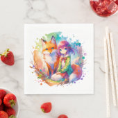 水かわいらし色アニメガールとキツネ誕生日 スタンダードランチョンナプキン (インサイチュ)