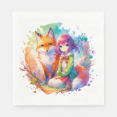 水かわいらし色アニメガールとキツネ誕生日 スタンダードランチョンナプキン (正面)