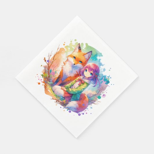 水かわいらし色アニメガールとキツネ誕生日 スタンダードランチョンナプキン (角)
