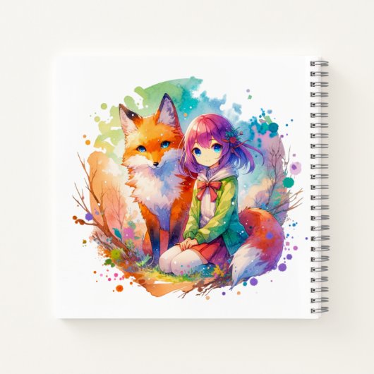 水かわいらし色アニメガールとキツネ誕生日 ノートブック (裏面)