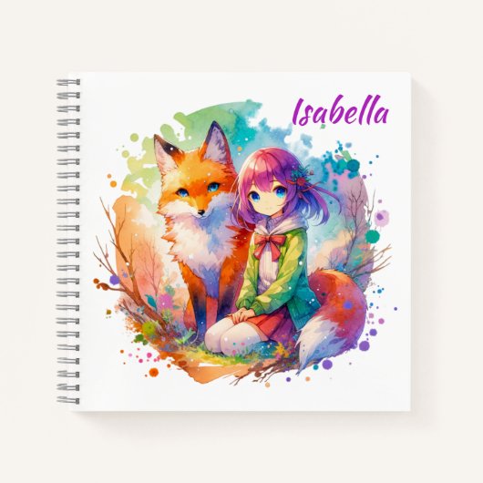 水かわいらし色アニメガールとキツネ誕生日 ノートブック (正面)