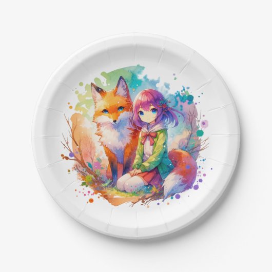 水かわいらし色アニメガールとキツネ誕生日 ペーパープレート (正面)