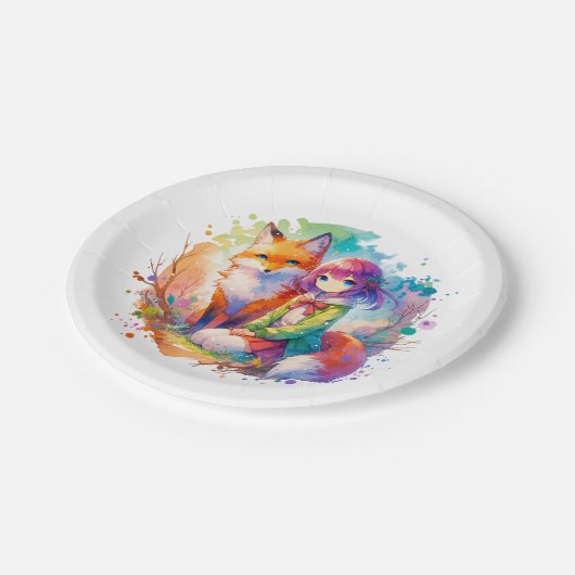 水かわいらし色アニメガールとキツネ誕生日 ペーパープレート (アングル)