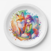 水かわいらし色アニメガールとキツネ誕生日 ペーパープレート (正面)