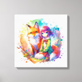 水かわいらし色アニメガールとキツネ キャンバスプリント (正面)